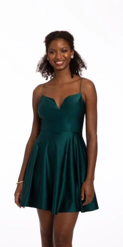 Satin Sweetheart Corset Back High Low Dress With Pockets