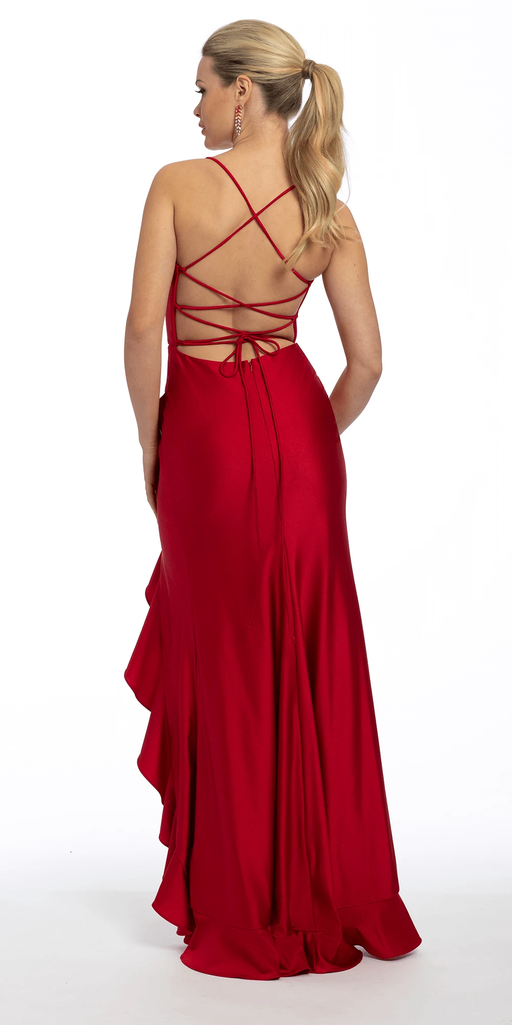 Stretch Satin Lace Up Ruffle Side Slit Dress - Image 2