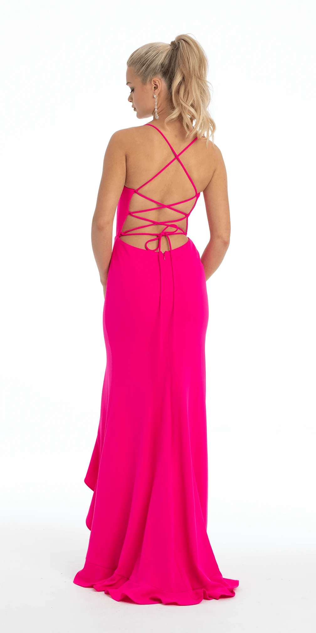 Crepe Lace Up Back Dress With Side Ruffle - Image 2