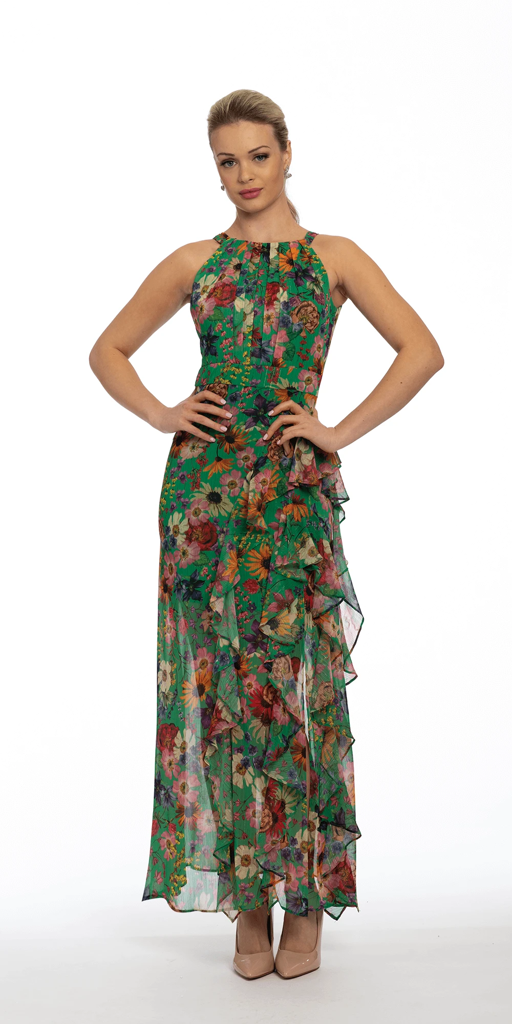 Cleo Neck Floral Chiffon Dress With Ruffles