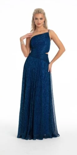 Asymmetrical Metallic Crinkle One Shoulder Cutout Dress