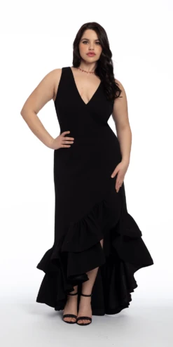 V Neck Crepe Dress With Tiered Ruffle Hem