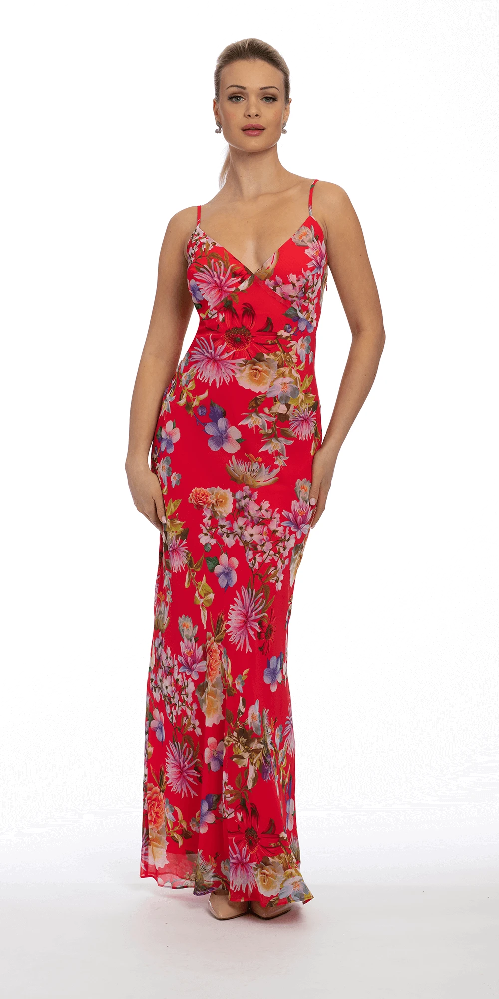 Deep V Floral Print Chiffon Dress