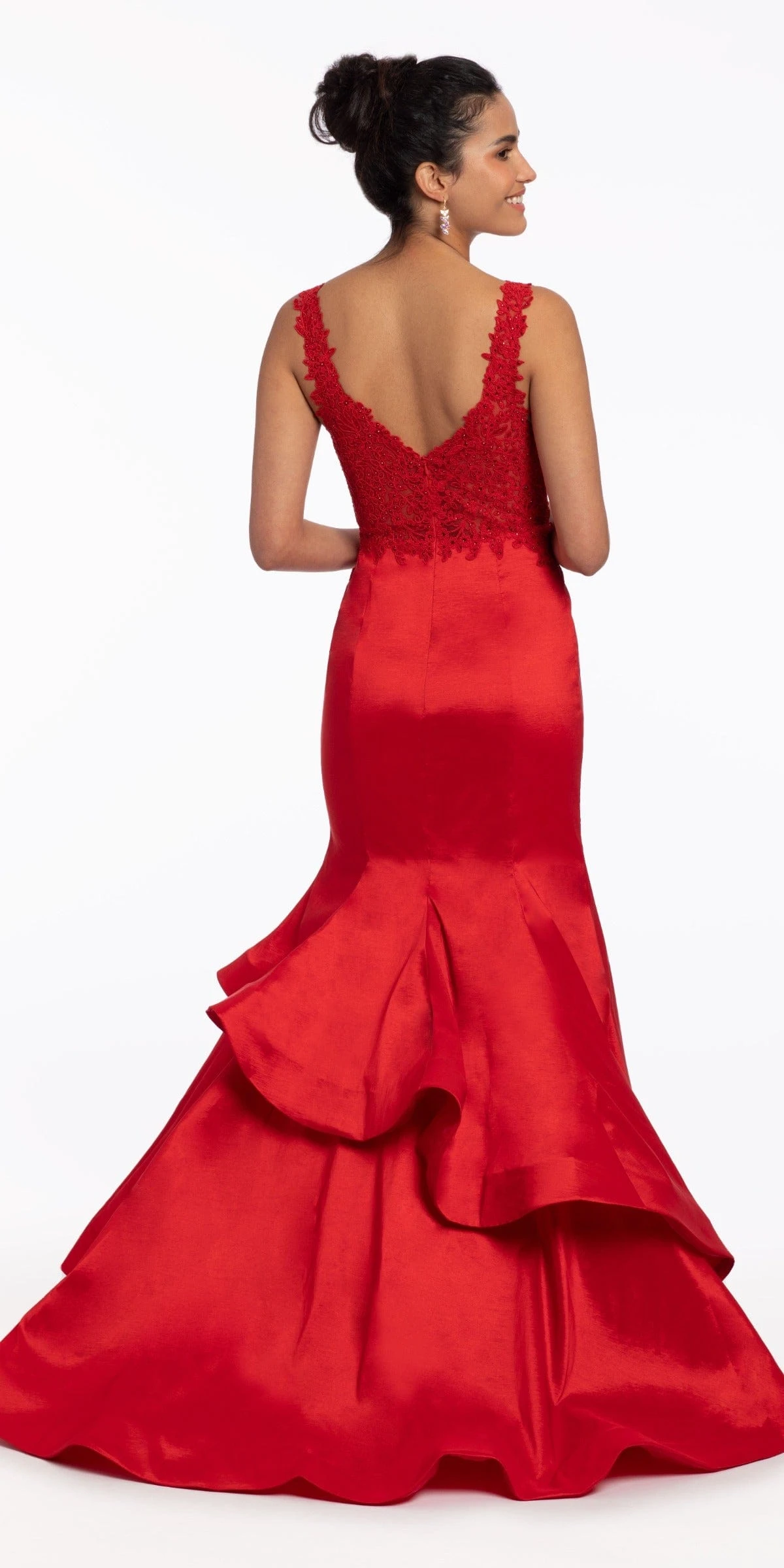 Plunging Lace Applique Taffeta Mermaid Dress - Image 3