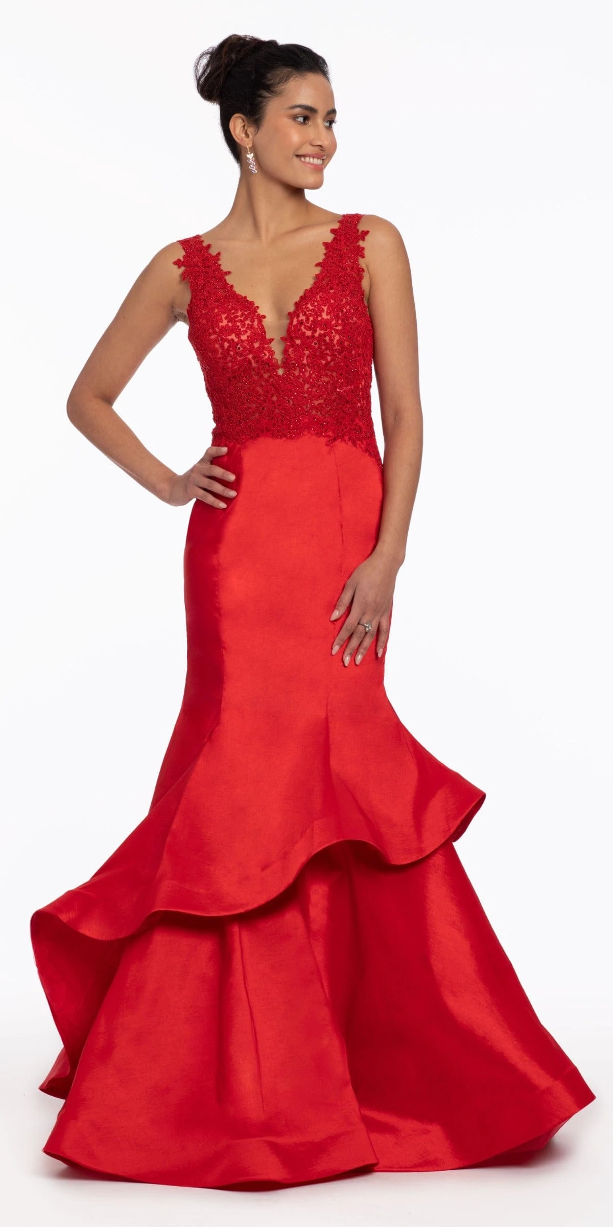 Plunging Lace Applique Taffeta Mermaid Dress - Image 2