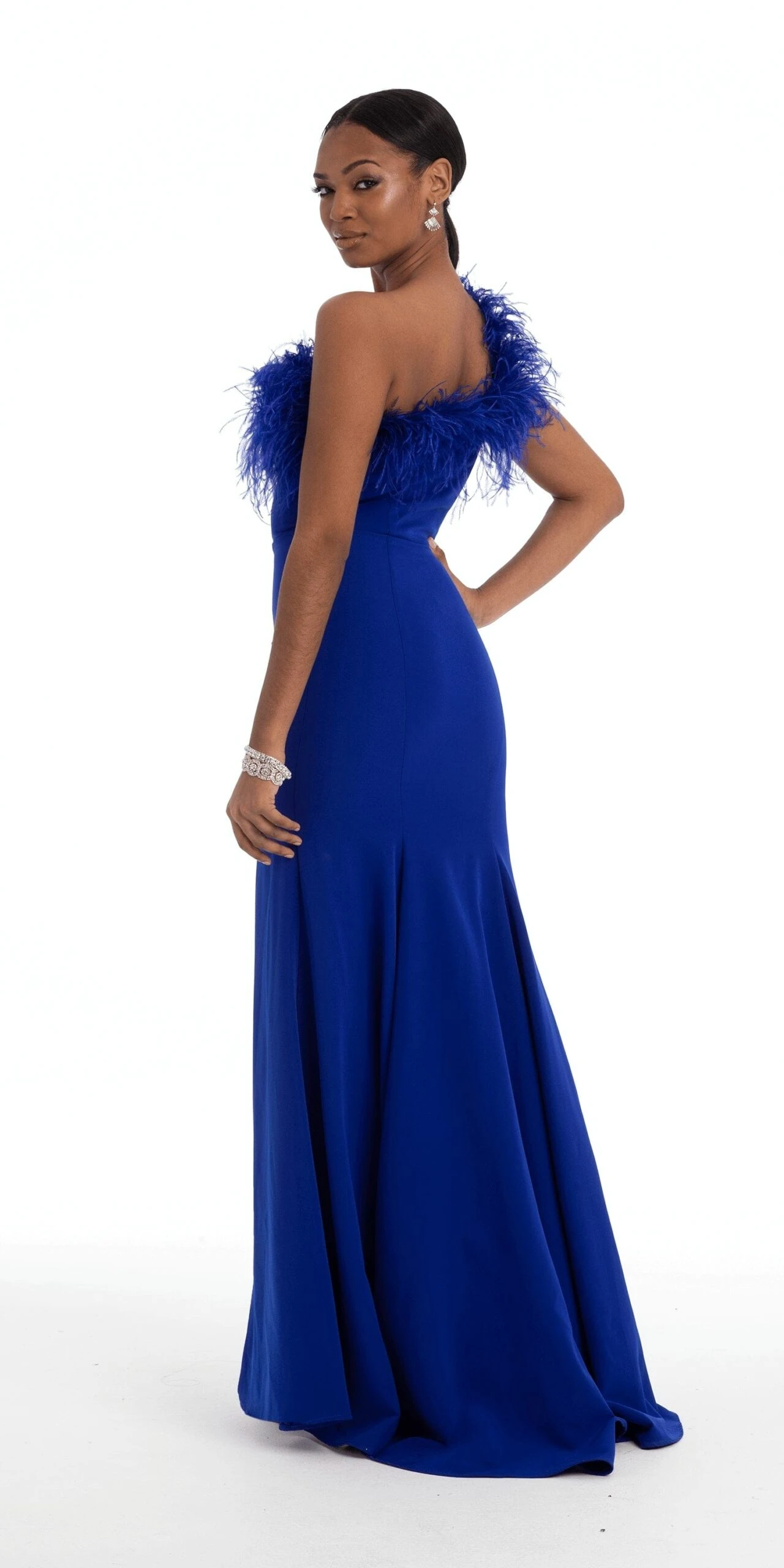 One Shoulder Crepe Trumpet Dress With Feathers - Image 2