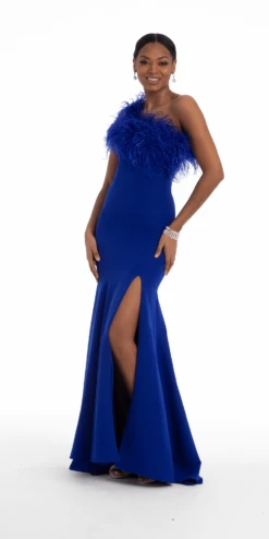 One Shoulder Crepe Trumpet Dress With Feathers