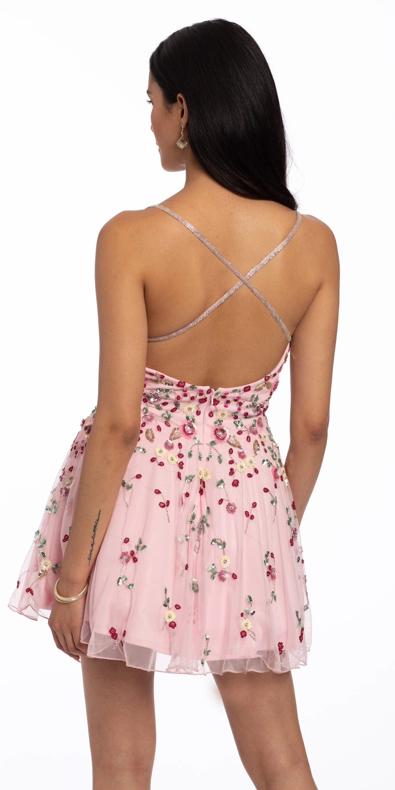 3D Floral AB Sequin Mesh X Back Dress - Image 2