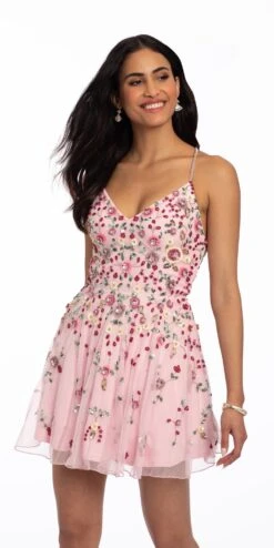 3D Floral AB Sequin Mesh X Back Dress