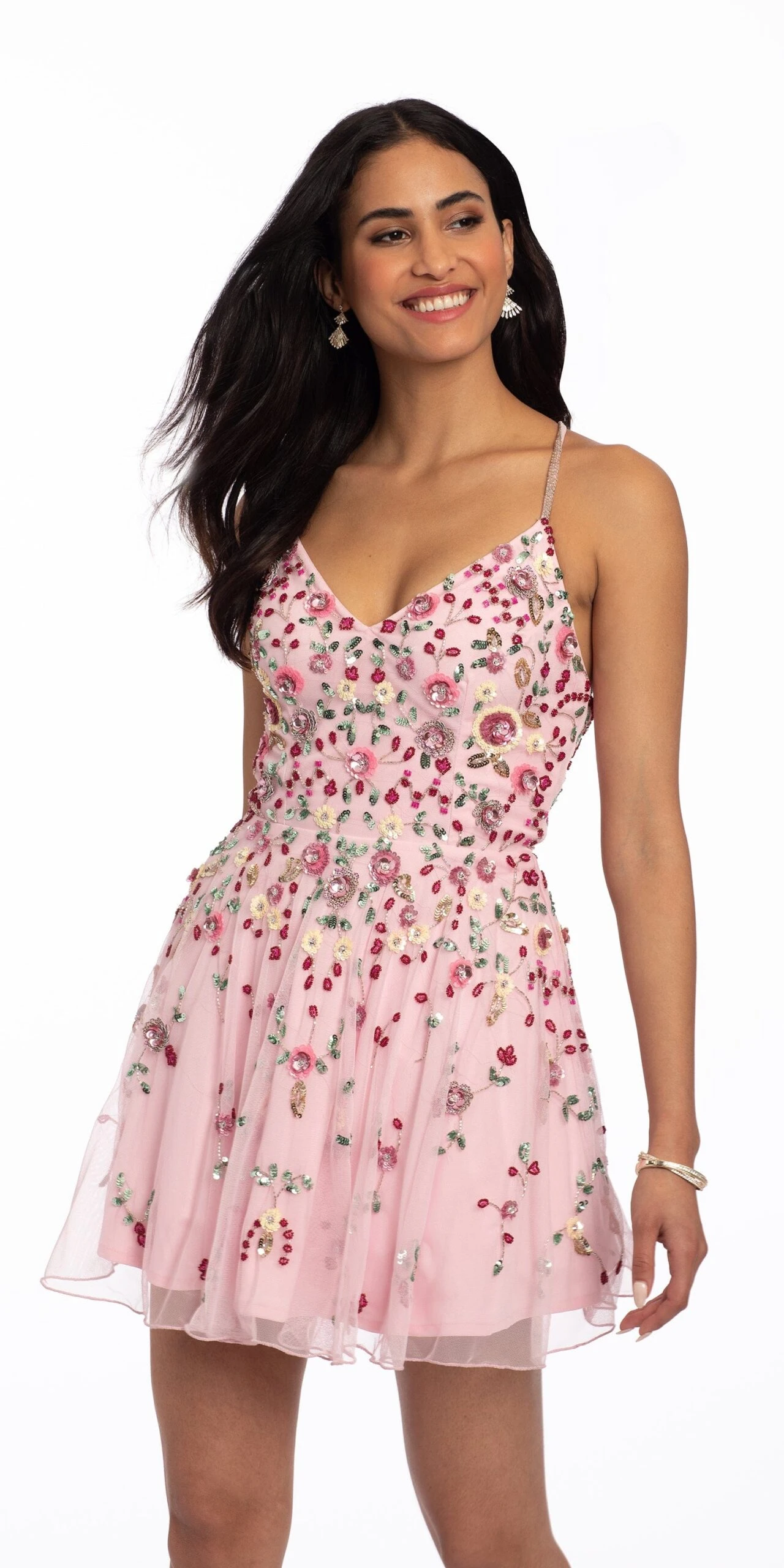 3D Floral AB Sequin Mesh X Back Dress