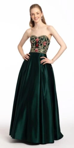 Rose Embroidered Satin Corset A Line Dress With Pockets