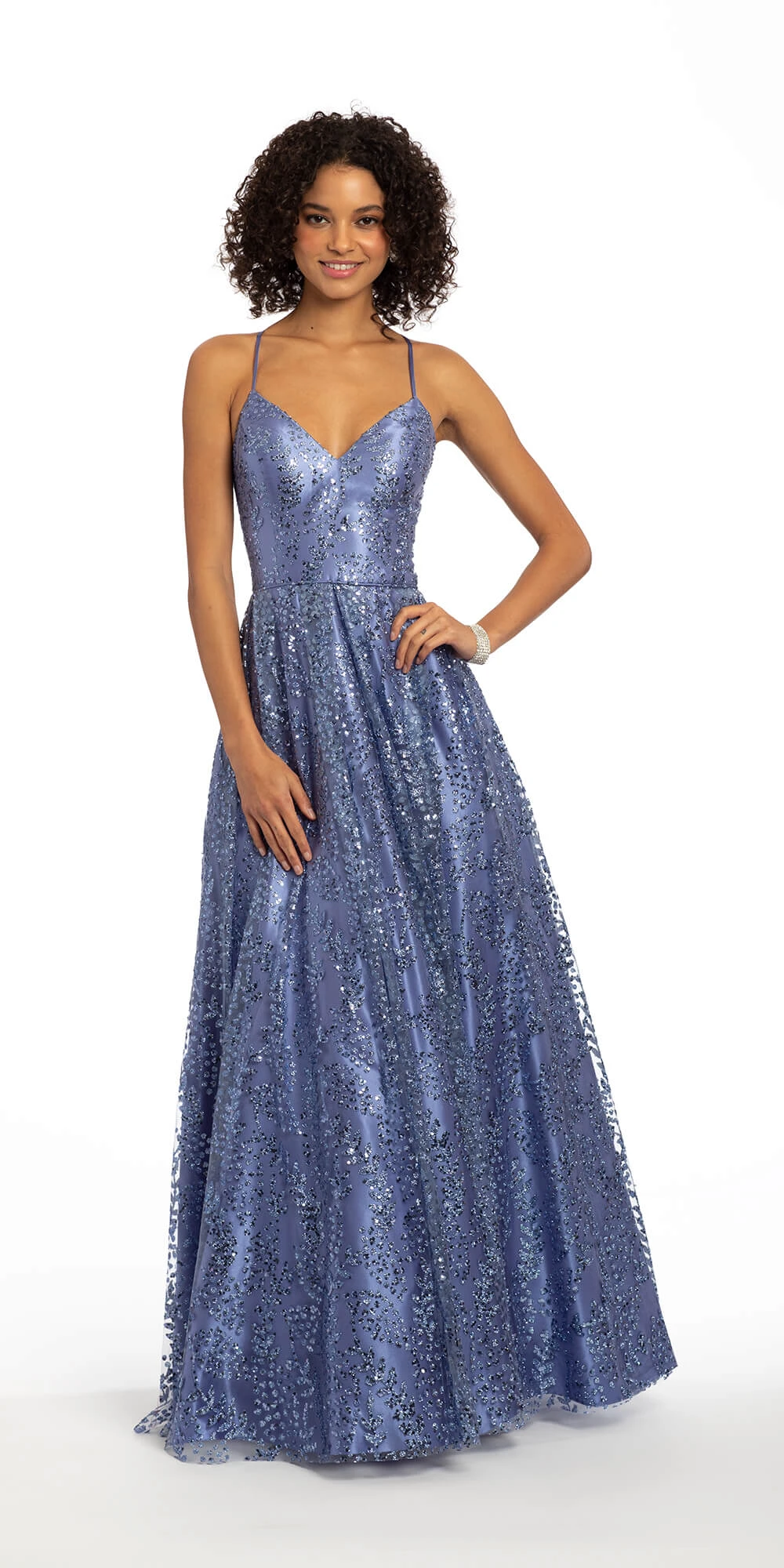 Strappy Back Tulle Glitter Pleated Ballgown