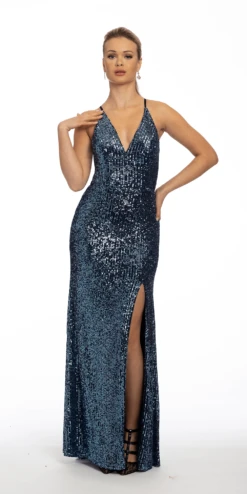 Sequin V Neck Illusion X Back Dress