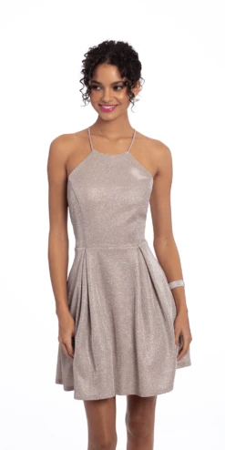 X Back Metallic Halter Fit And Flare Dress