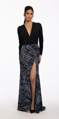 Long Sleeve V Neck Embroidered Cut Out Dress