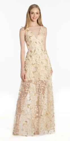 V Neck Petal Embroidered Illusion Dress