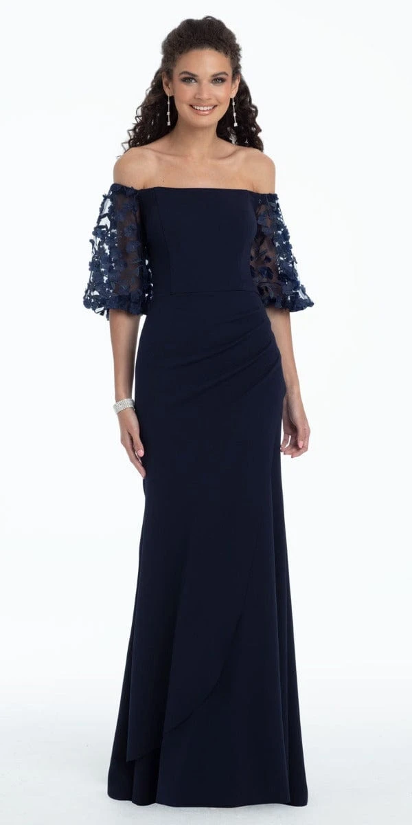 3 D Flower Illusion Sleeve Off The Shoulder Crepe Dress