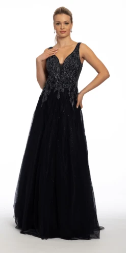 Beaded Embroidered Plunging Tulle Ballgown