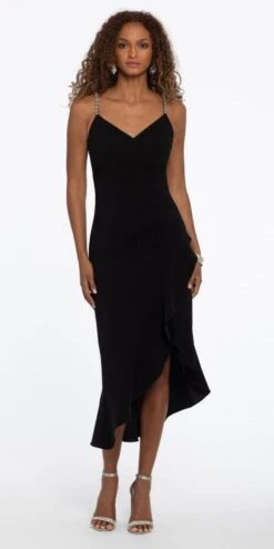 V Neck Side Ruched Crepe Midi Dress With Asymmetrical Hem