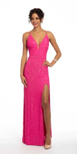 Sequin Plunging Lace Up Back Dress With Side Slit