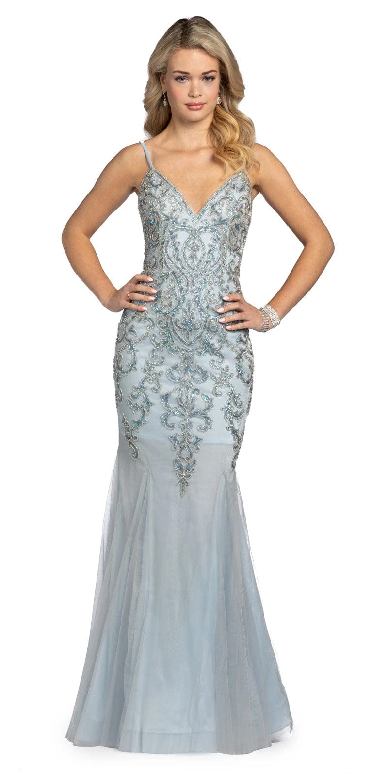 Scroll Beaded Illusion Plunge Mermaid Dress