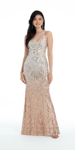 Abstract Sequin Deep V Back Mesh Column Dress