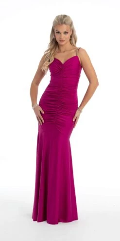 Stretch Satin Ruched Mermaid Dress With Rhinestone Straps