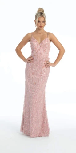 3 D Floral Sequin Lace Up Back Column Dress