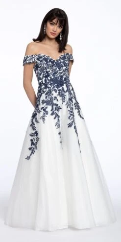 Off The Shoulder Placement Embroidered Tulle Ballgown