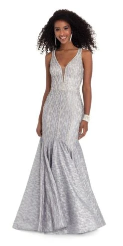 Lace Print Metal Stone Cage Mermaid Dress