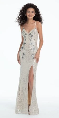 Plunging Sequin 3D Flower Lace Up Trumpet Dress