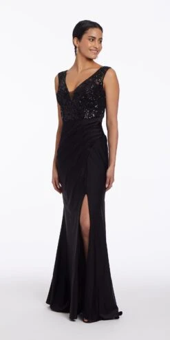 Deep V Beaded Column Dress With Slit