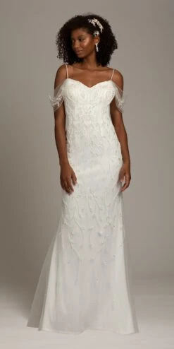 Beaded Mesh Drape Off The Shoulder Dress