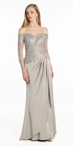 Embroidered Off The Shoulder Crepe Dress With Side Drape