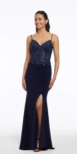 Jersey Beaded Sequin Corset Dress With Side Slit