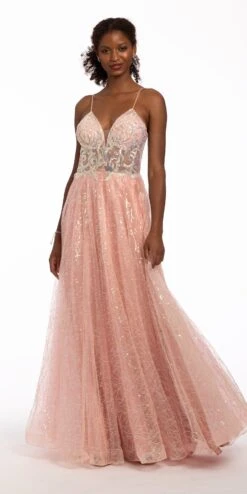 Scroll Sequin Mesh Corset A Line Dress