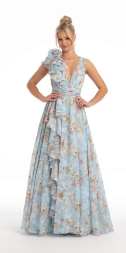 Pleated Ruffle Deep V Neck Ballgown