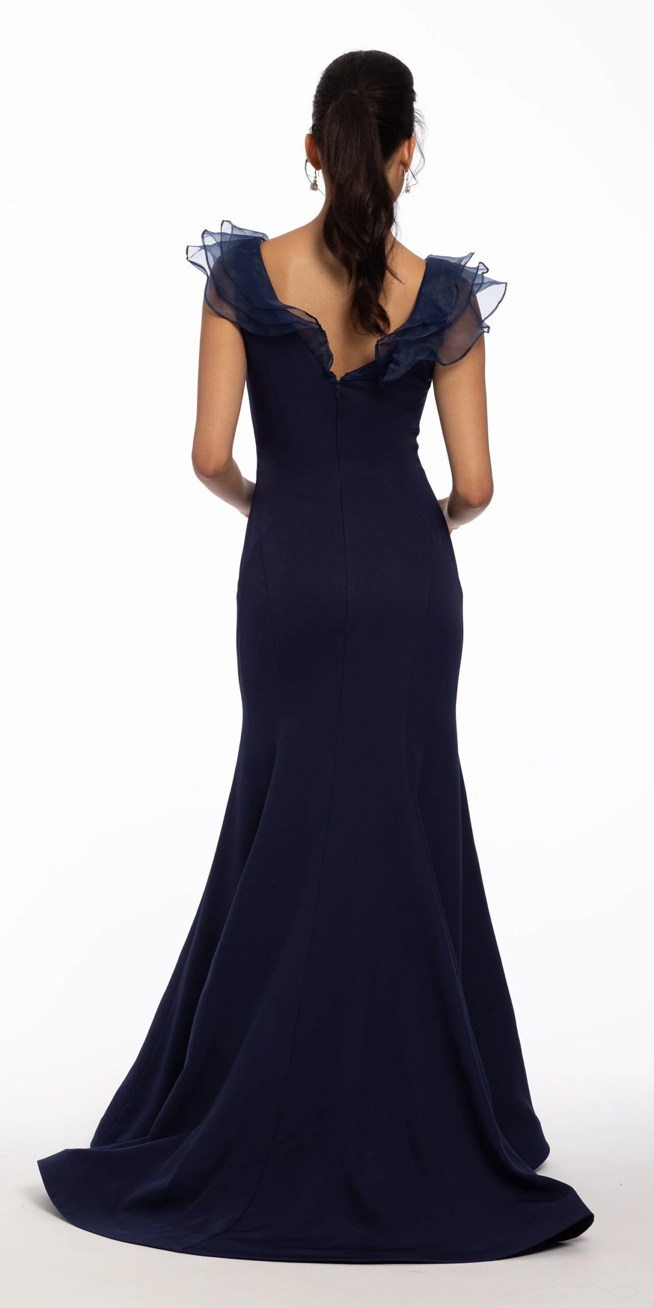 Crepe V Neck Organza Ruffle Mermaid Dress - Image 3