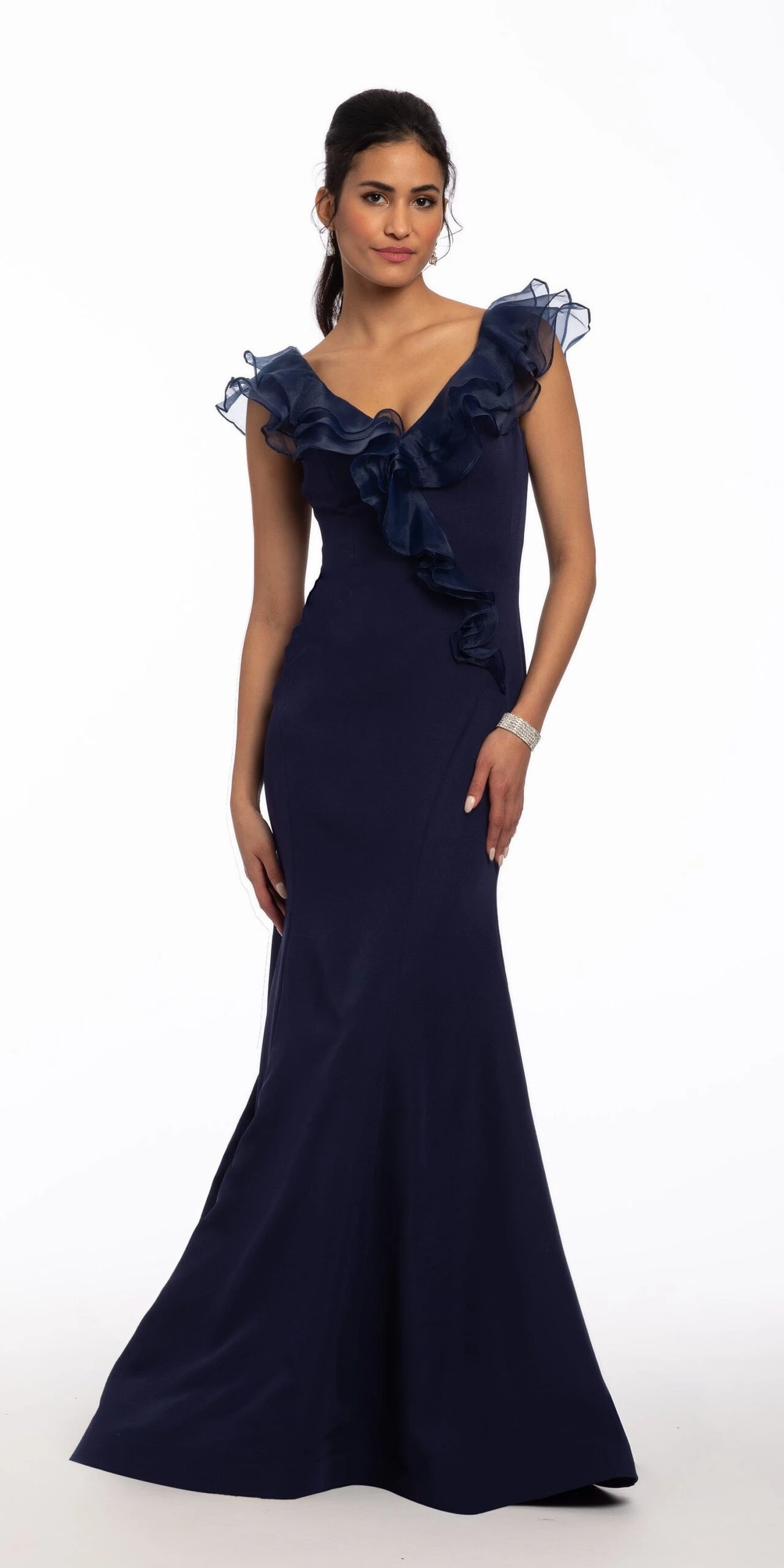 Crepe V Neck Organza Ruffle Mermaid Dress