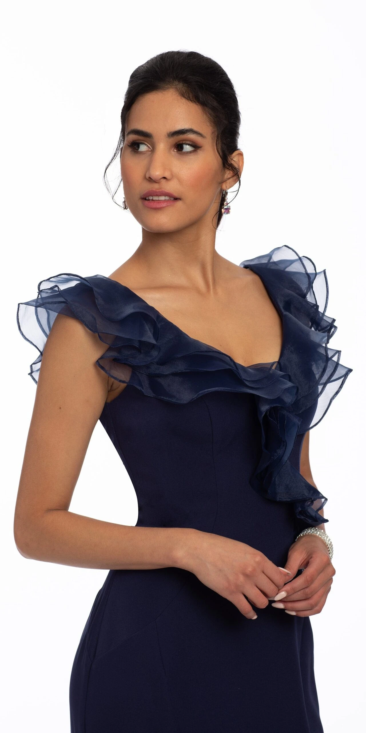 Crepe V Neck Organza Ruffle Mermaid Dress - Image 2