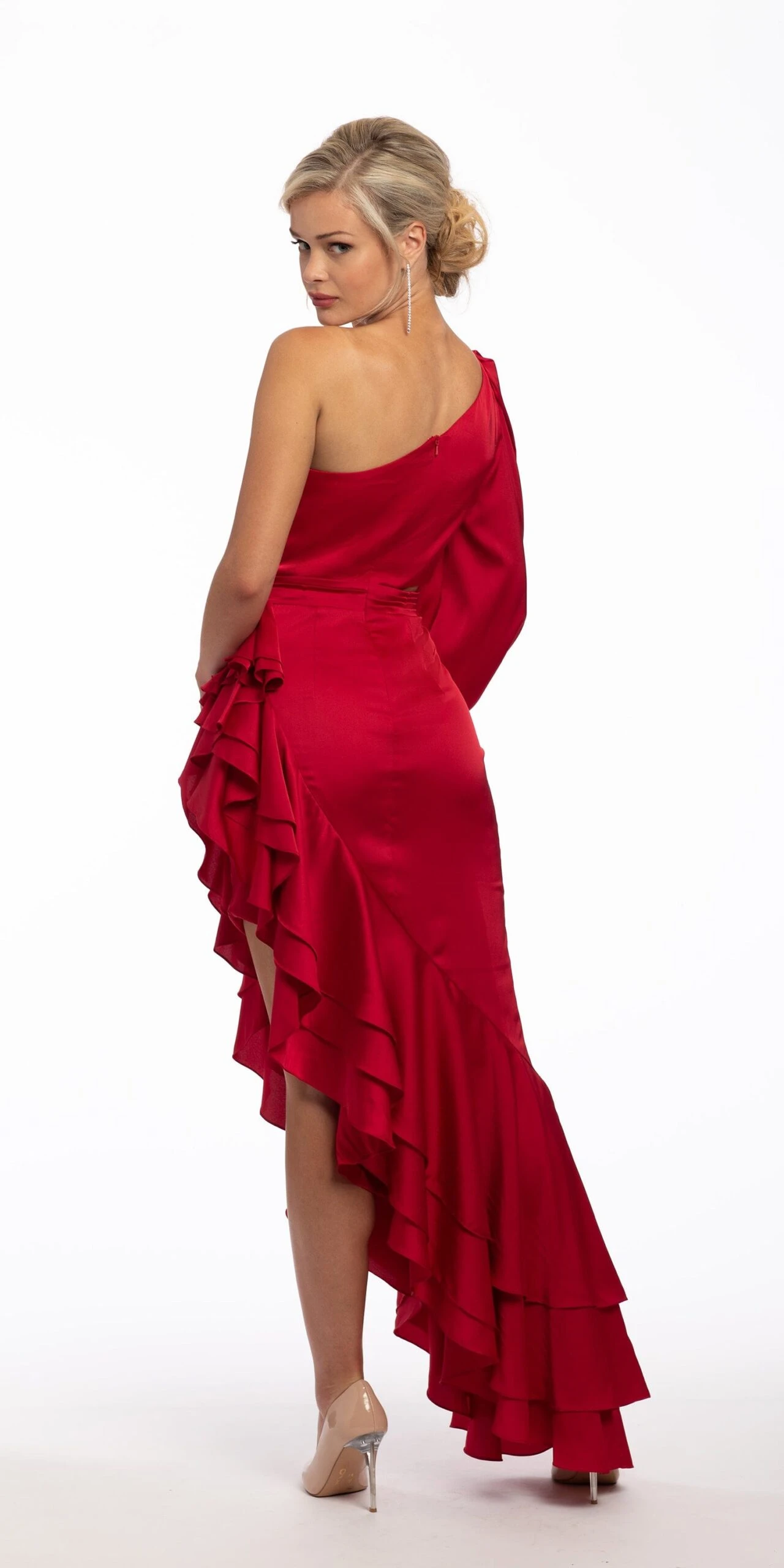 One Shoulder Long Sleeve Asymmetrical Ruffle Hem Dress - Image 2
