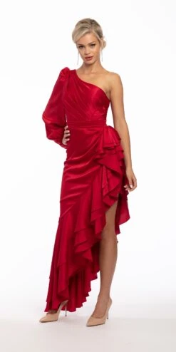 One Shoulder Long Sleeve Asymmetrical Ruffle Hem Dress