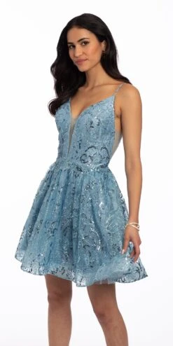 Scroll Sequin Glitter Sweetheart Fit And Flare Dress