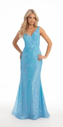 Illusion Sequin V Back Trumpet Dress