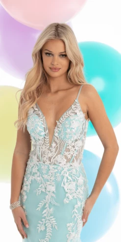 3D Embroidered V Back Mermaid Dress With Mesh Godets