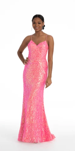 Abstract Sequin Lace Up Back Trumpet Dress
