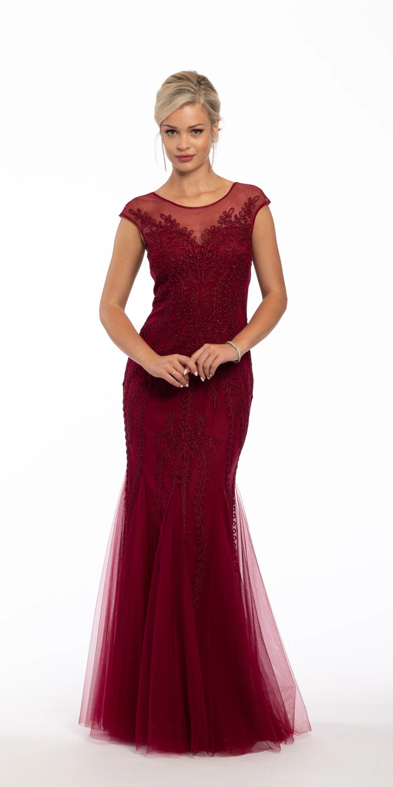 Illusion Cap Sleeve Soutache Trumpet Dress