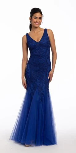 V Back Soutache Trumpet Dress With Mesh Godets