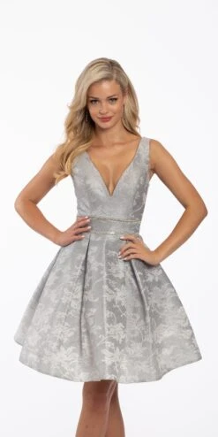 Plunging Metallic Glitter Lace Fit And Flare Dress With Pockets