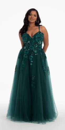 Floral Beaded Plunging Tulle Ballgown